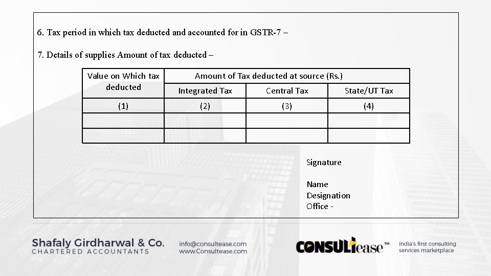 6. Tax period in which tax deducted and accounted for in GSTR-7 – 7. 6. Tax period in which tax deducted and accounted for in GSTR-7 – 7.
