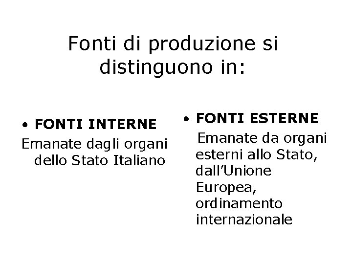 Fonti di produzione si distinguono in: • FONTI INTERNE Emanate dagli organi dello Stato