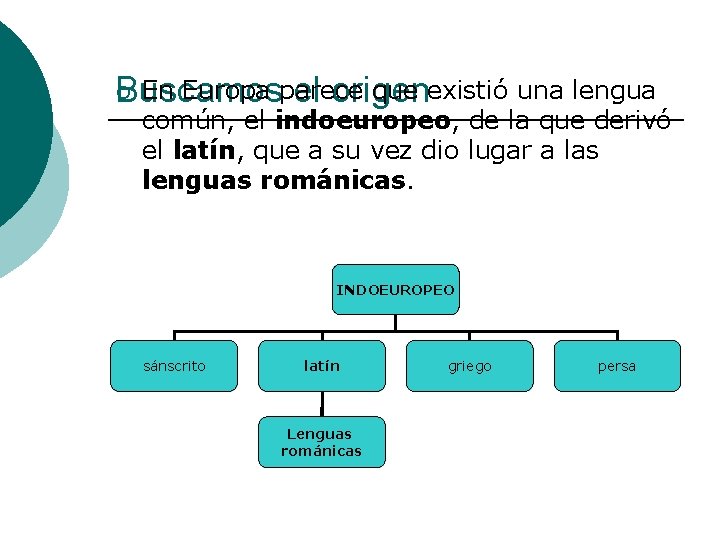 En Europa parece que existió una lengua Buscamos el origen ¡ común, el indoeuropeo,