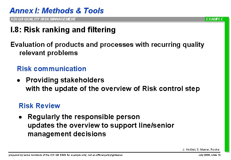 Annex I: Methods & Tools ICH Q 9 QUALITY RISK MANAGEMENT EXAMPLE I. 8: Annex I: Methods & Tools ICH Q 9 QUALITY RISK MANAGEMENT EXAMPLE I. 8: