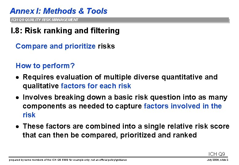 Annex I: Methods & Tools ICH Q 9 QUALITY RISK MANAGEMENT I. 8: Risk Annex I: Methods & Tools ICH Q 9 QUALITY RISK MANAGEMENT I. 8: Risk