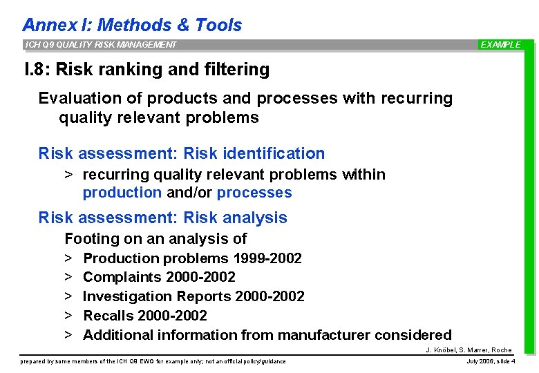 Annex I: Methods & Tools ICH Q 9 QUALITY RISK MANAGEMENT EXAMPLE I. 8: Annex I: Methods & Tools ICH Q 9 QUALITY RISK MANAGEMENT EXAMPLE I. 8: