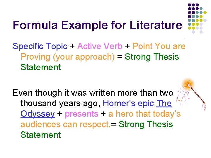 Formula Example for Literature Specific Topic + Active Verb + Point You are Proving
