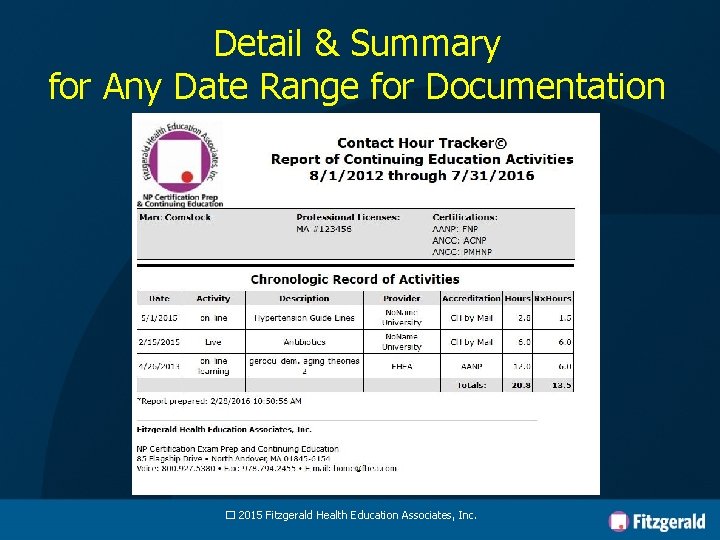 Detail & Summary for Any Date Range for Documentation � 2015 Fitzgerald Health Education