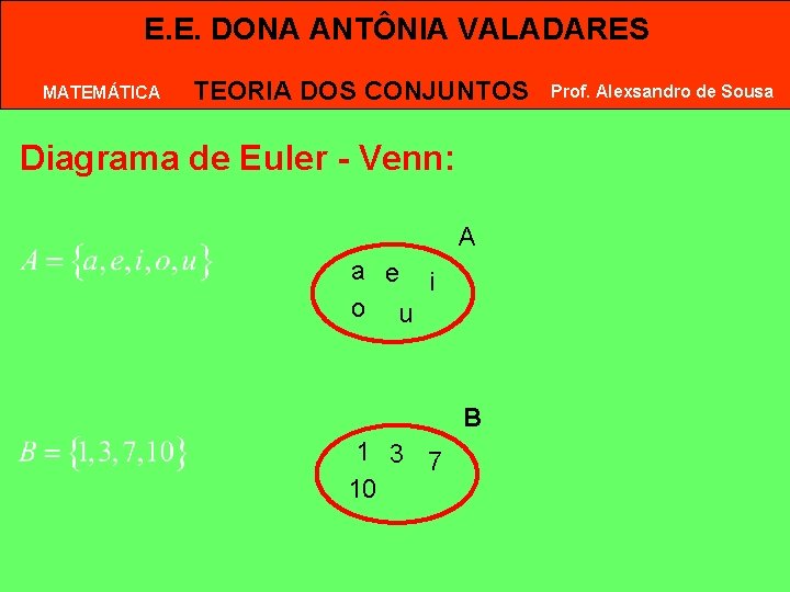 E. E. DONA ANTÔNIA VALADARES MATEMÁTICA TEORIA DOS CONJUNTOS Diagrama de Euler - Venn: E. E. DONA ANTÔNIA VALADARES MATEMÁTICA TEORIA DOS CONJUNTOS Diagrama de Euler - Venn: