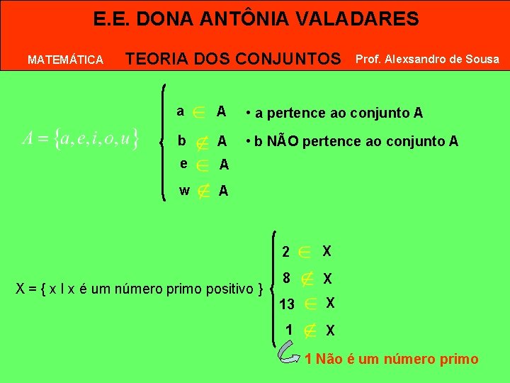 E. E. DONA ANTÔNIA VALADARES MATEMÁTICA TEORIA DOS CONJUNTOS Prof. Alexsandro de Sousa a E. E. DONA ANTÔNIA VALADARES MATEMÁTICA TEORIA DOS CONJUNTOS Prof. Alexsandro de Sousa a