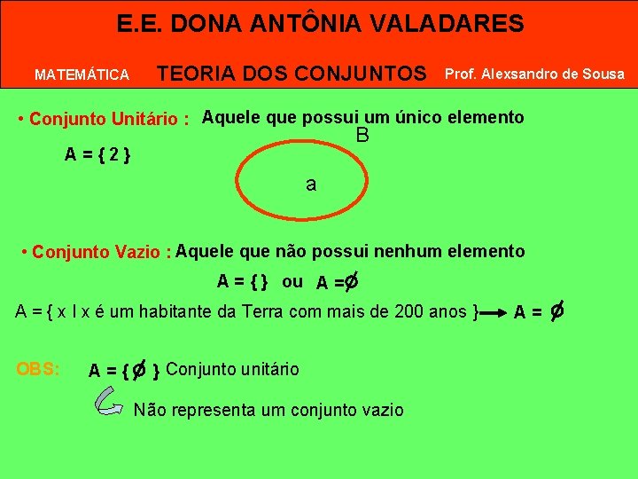 E. E. DONA ANTÔNIA VALADARES MATEMÁTICA TEORIA DOS CONJUNTOS Prof. Alexsandro de Sousa • E. E. DONA ANTÔNIA VALADARES MATEMÁTICA TEORIA DOS CONJUNTOS Prof. Alexsandro de Sousa •