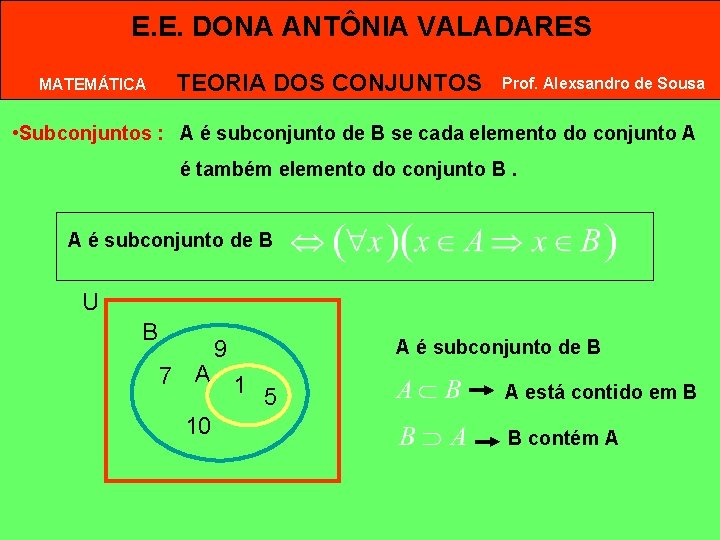 E. E. DONA ANTÔNIA VALADARES MATEMÁTICA TEORIA DOS CONJUNTOS Prof. Alexsandro de Sousa • E. E. DONA ANTÔNIA VALADARES MATEMÁTICA TEORIA DOS CONJUNTOS Prof. Alexsandro de Sousa •