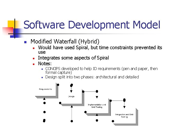 Software Development Model n Modified Waterfall (Hybrid) n n n Would have used Spiral,