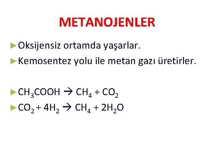 METANOJENLER ►Oksijensiz ortamda yaşarlar. ►Kemosentez yolu ile metan gazı üretirler. ►CH 3 COOH CH
