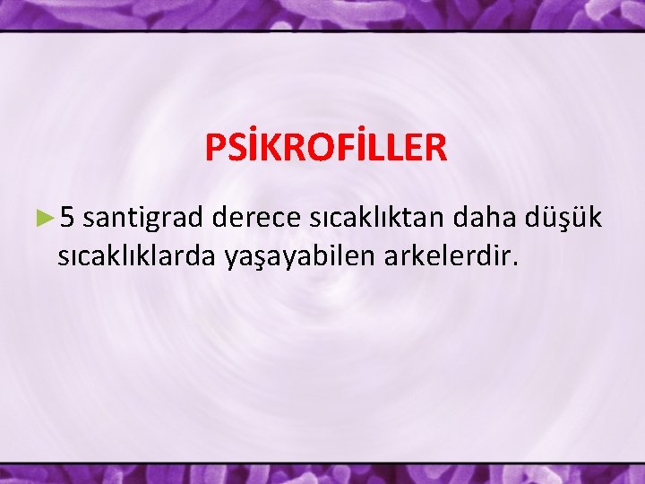 PSİKROFİLLER ► 5 santigrad derece sıcaklıktan daha düşük sıcaklıklarda yaşayabilen arkelerdir. 
