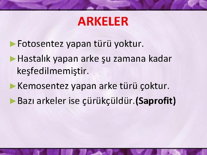ARKELER ►Fotosentez yapan türü yoktur. ►Hastalık yapan arke şu zamana kadar keşfedilmemiştir. ►Kemosentez yapan