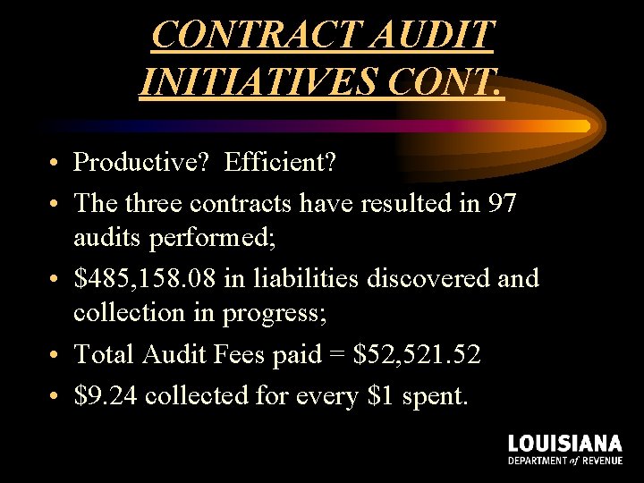 CONTRACT AUDIT INITIATIVES CONT. • Productive? Efficient? • The three contracts have resulted in CONTRACT AUDIT INITIATIVES CONT. • Productive? Efficient? • The three contracts have resulted in