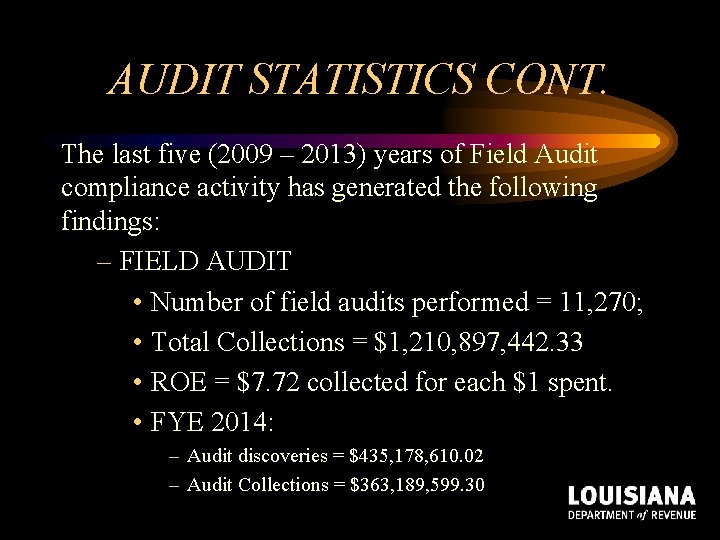 AUDIT STATISTICS CONT. The last five (2009 – 2013) years of Field Audit compliance AUDIT STATISTICS CONT. The last five (2009 – 2013) years of Field Audit compliance
