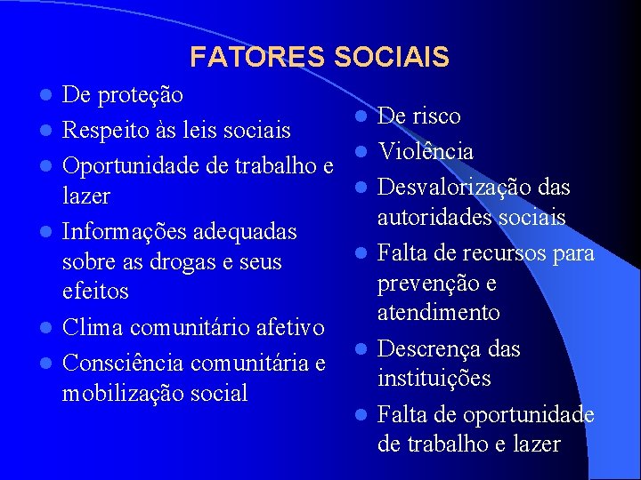 FATORES SOCIAIS l l l De proteção Respeito às leis sociais Oportunidade de trabalho