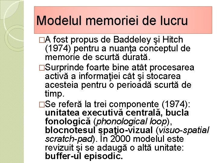 Modelul memoriei de lucru �A fost propus de Baddeley şi Hitch (1974) pentru a
