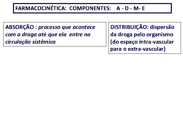 FARMACOCINÉTICA: COMPONENTES: A - D - M- E ABSORÇÃO : processo que acontece com