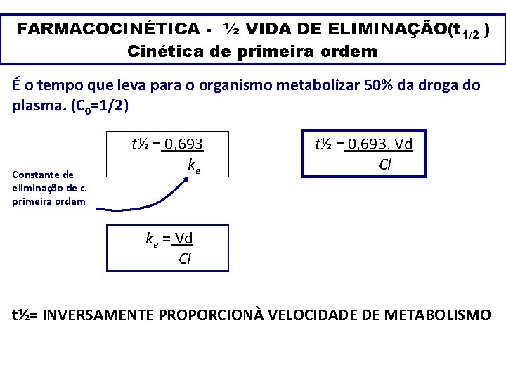 FARMACOCINÉTICA - ½ VIDA DE ELIMINAÇÃO(t 1/2 ) Cinética de primeira ordem É o
