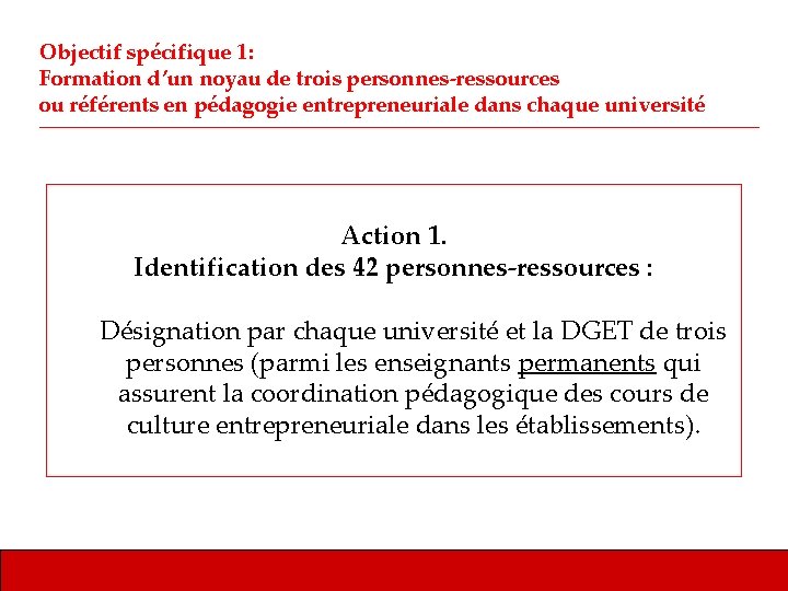 Objectif spécifique 1: Formation d’un noyau de trois personnes-ressources ou référents en pédagogie entrepreneuriale