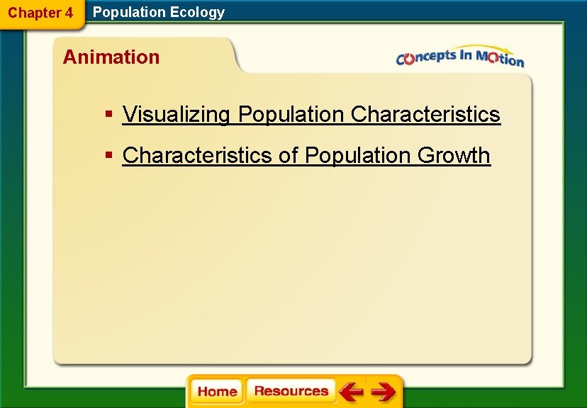 Chapter 4 Population Ecology Animation § Visualizing Population Characteristics § Characteristics of Population Growth