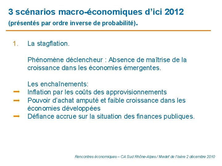 3 scénarios macro-économiques d’ici 2012 (présentés par ordre inverse de probabilité). 1. La stagflation.