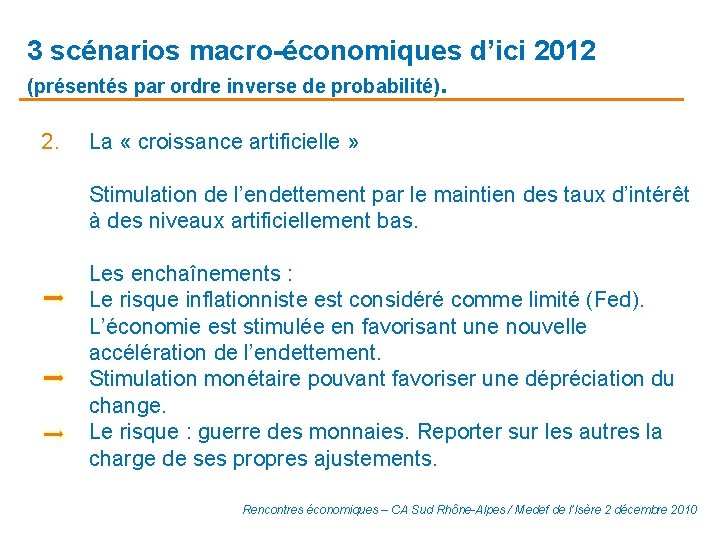 3 scénarios macro-économiques d’ici 2012 (présentés par ordre inverse de probabilité). 2. La «