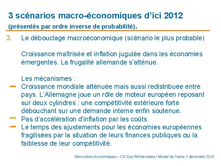 3 scénarios macro-économiques d’ici 2012 (présentés par ordre inverse de probabilité). 3. Le débouclage