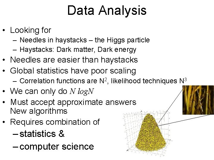 Data Analysis • Looking for – Needles in haystacks – the Higgs particle –