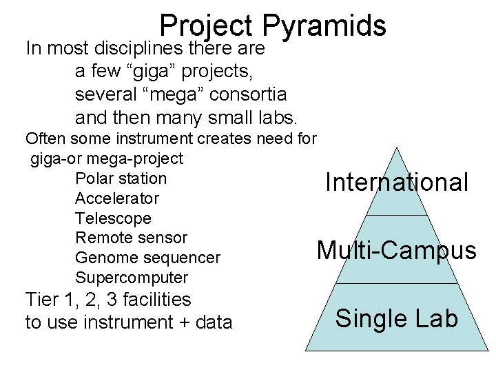 Project Pyramids In most disciplines there a few “giga” projects, several “mega” consortia and