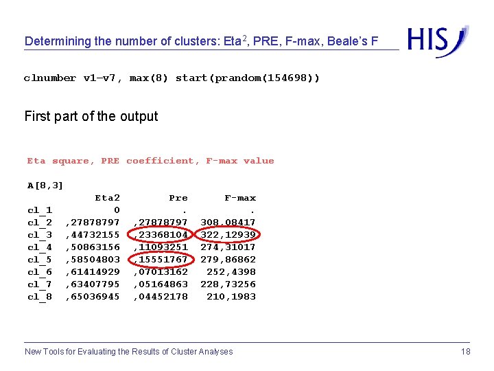 Determining the number of clusters: Eta 2, PRE, F-max, Beale’s F clnumber v 1–v