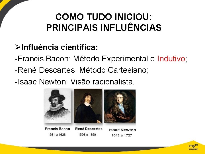 COMO TUDO INICIOU: PRINCIPAIS INFLUÊNCIAS ØInfluência científica: -Francis Bacon: Método Experimental e Indutivo; -René