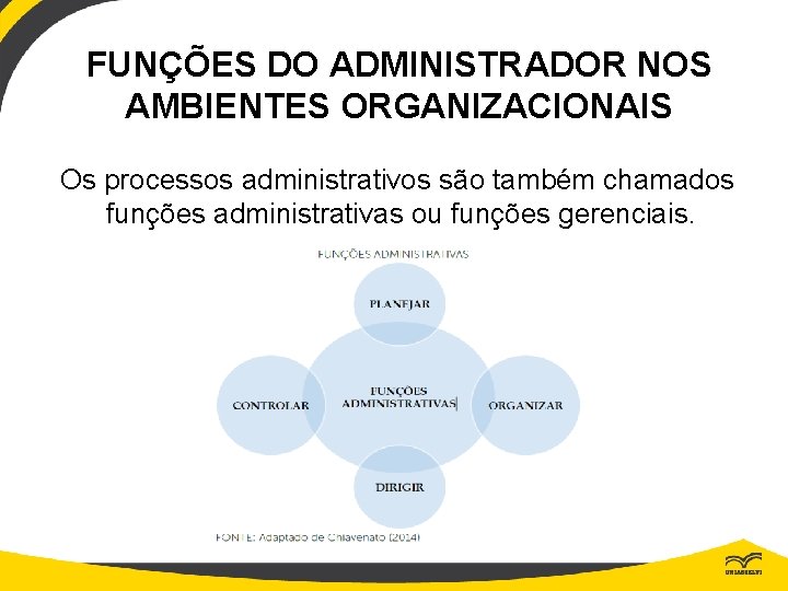 FUNÇÕES DO ADMINISTRADOR NOS AMBIENTES ORGANIZACIONAIS Os processos administrativos são também chamados funções administrativas