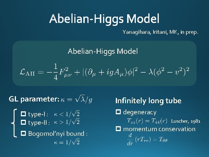 Yanagihara, Iritani, MK, in prep. Abelian-Higgs Model GL parameter: p type-II : p Bogomol’nyi