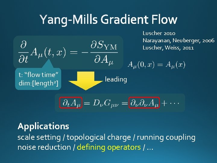 Luscher 2010 Narayanan, Neuberger, 2006 Luscher, Weiss, 2011 t: “flow time” dim: [length 2]