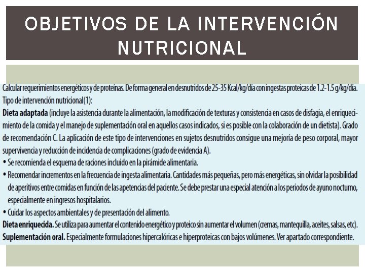 OBJETIVOS DE LA INTERVENCIÓN NUTRICIONAL 