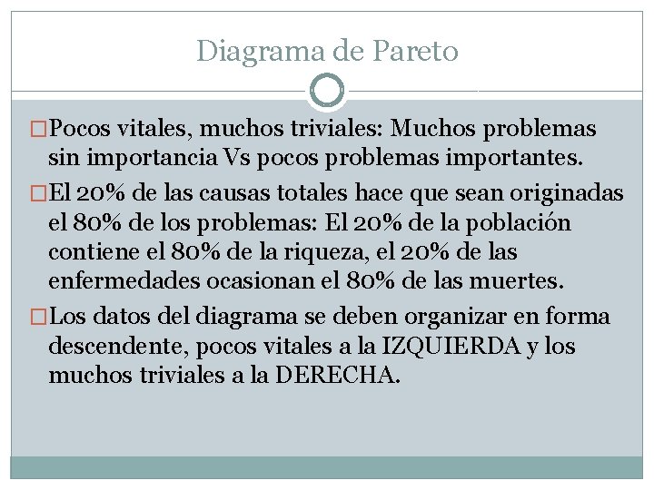 Diagrama de Pareto �Pocos vitales, muchos triviales: Muchos problemas sin importancia Vs pocos problemas