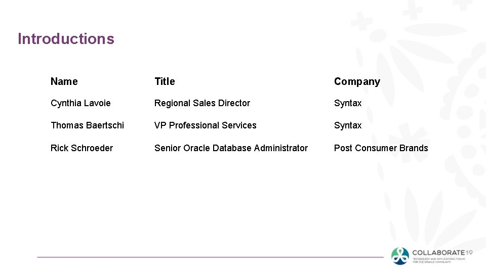 Introductions Name Title Company Cynthia Lavoie Regional Sales Director Syntax Thomas Baertschi VP Professional