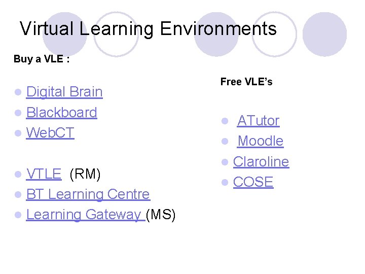 Virtual Learning Environments Buy a VLE : Digital Brain l Blackboard l Web. CT