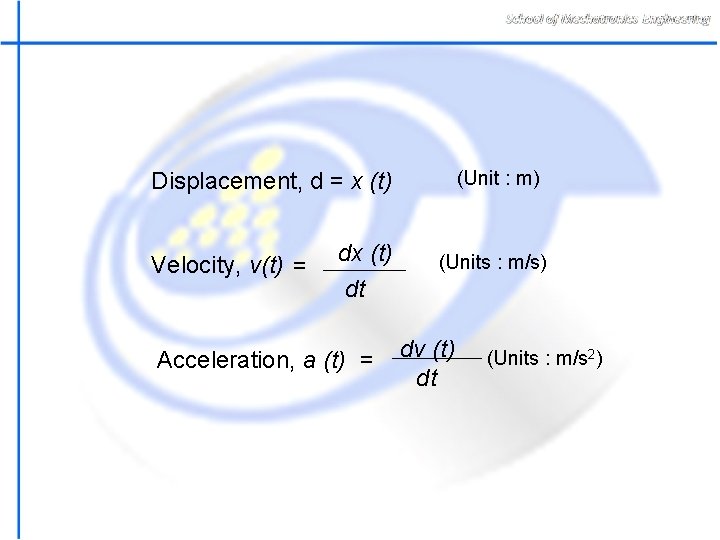 (Unit : m) Displacement, d = x (t) Velocity, v(t) = dx (t) dt