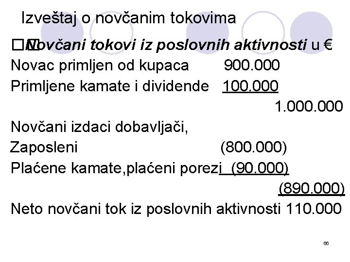 Izveštaj o novčanim tokovima �� Novčani tokovi iz poslovnih aktivnosti u € Novac primljen