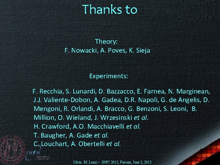 Thanks to Theory: F. Nowacki, A. Poves, K. Sieja Experiments: F. Recchia, S. Lunardi,