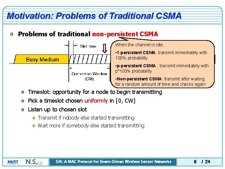 Motivation: Problems of Traditional CSMA Problems of traditional non-persistent CSMA When the channel is Motivation: Problems of Traditional CSMA Problems of traditional non-persistent CSMA When the channel is