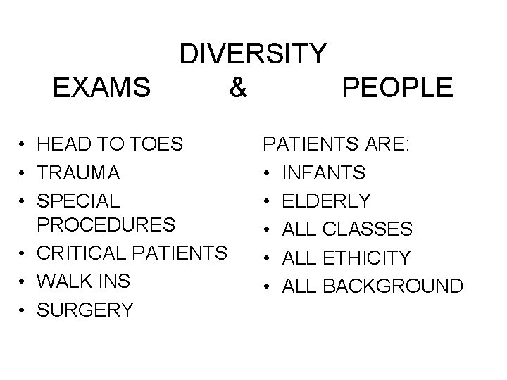 DIVERSITY EXAMS & PEOPLE • HEAD TO TOES • TRAUMA • SPECIAL PROCEDURES •