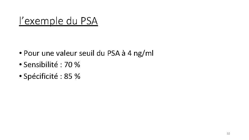 l’exemple du PSA • Pour une valeur seuil du PSA à 4 ng/ml •