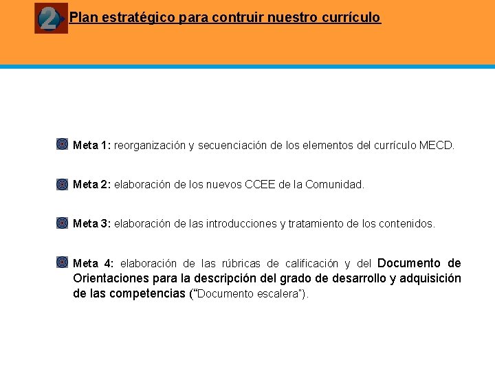 Plan estratégico para contruir nuestro currículo Meta 1: reorganización y secuenciación de los elementos