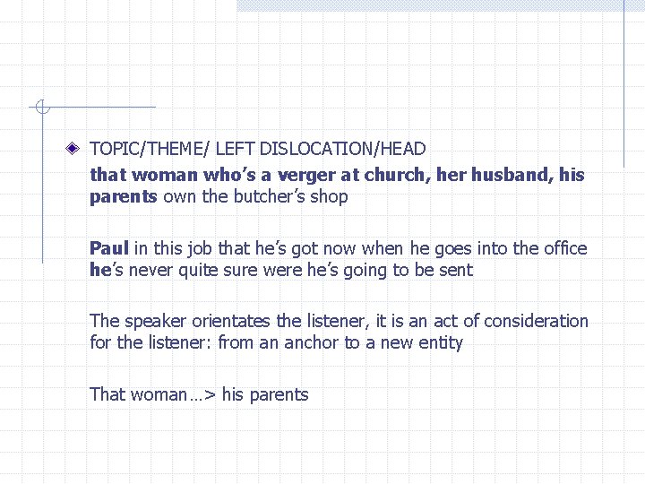 TOPIC/THEME/ LEFT DISLOCATION/HEAD that woman who’s a verger at church, her husband, his parents TOPIC/THEME/ LEFT DISLOCATION/HEAD that woman who’s a verger at church, her husband, his parents
