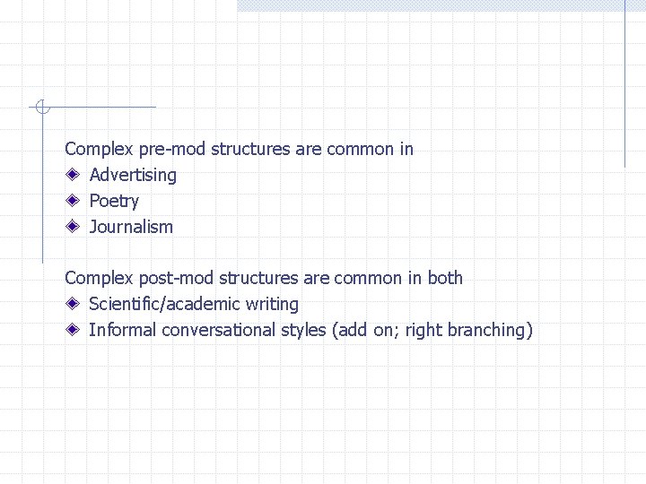 Complex pre-mod structures are common in Advertising Poetry Journalism Complex post-mod structures are common Complex pre-mod structures are common in Advertising Poetry Journalism Complex post-mod structures are common