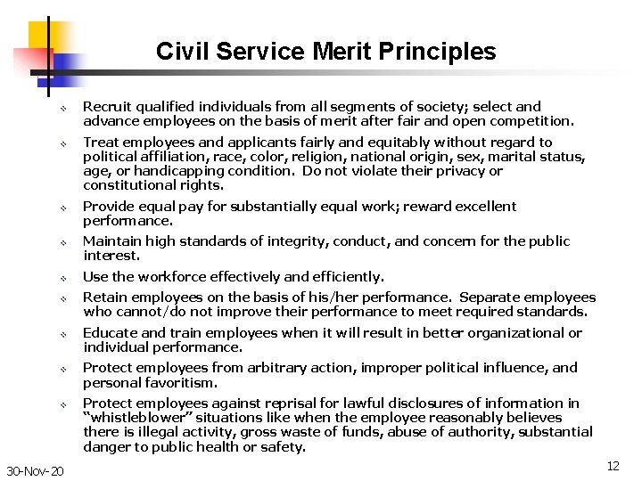 Civil Service Merit Principles v v v v v 30 -Nov-20 Recruit qualified individuals