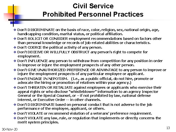 Civil Service Prohibited Personnel Practices v Don't DISCRIMINATE on the basis of race, color,