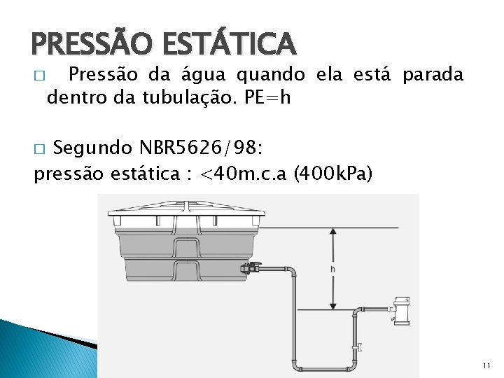 PRESSÃO ESTÁTICA � Pressão da água quando ela está parada dentro da tubulação. PE=h